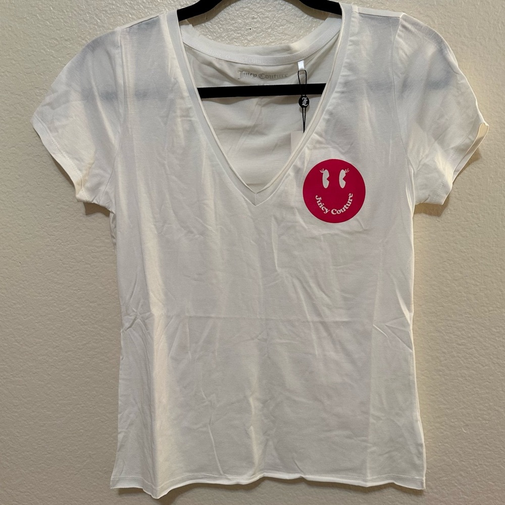 NWT Juicy Couture White Pink Smiley Face Emoji V Neck Short Sleeve T Shirt Small
